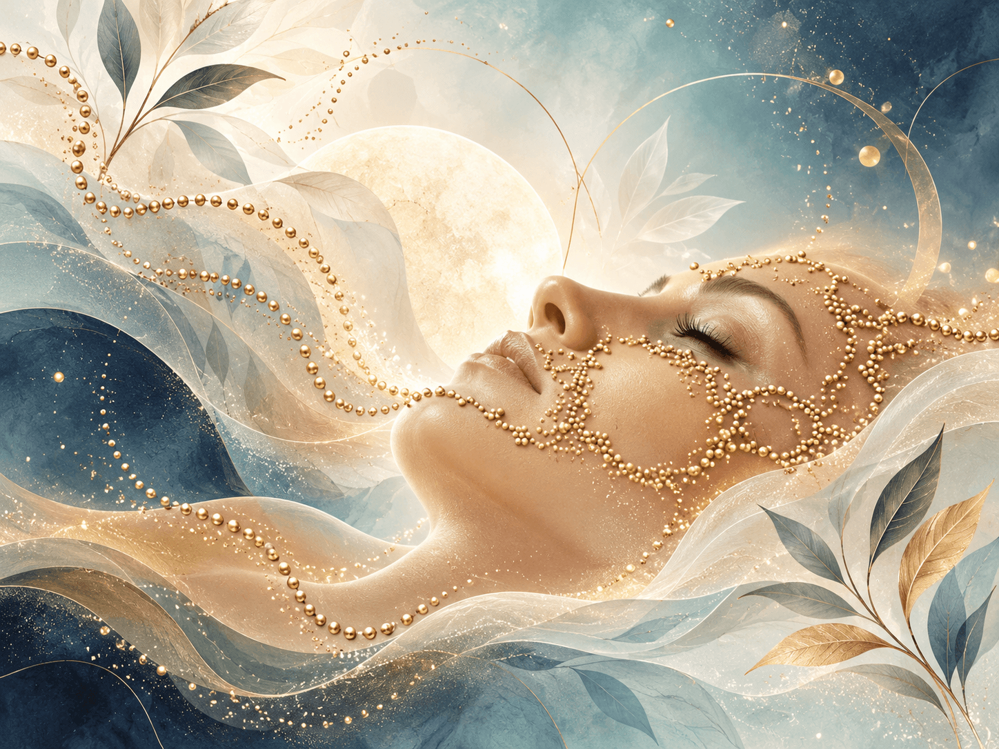 Botanical-celestial illustration with a reclining face, gold bead motifs, moonlight and blue-green leaves.