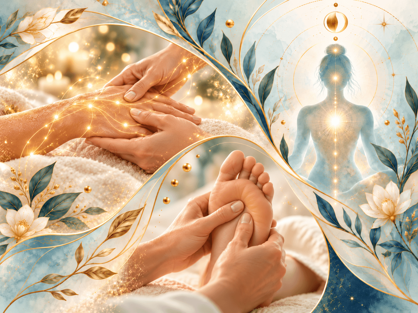Illustration of pressure applied to a hand and a foot beside a stylized figure, golden light and botanical celestial motifs.